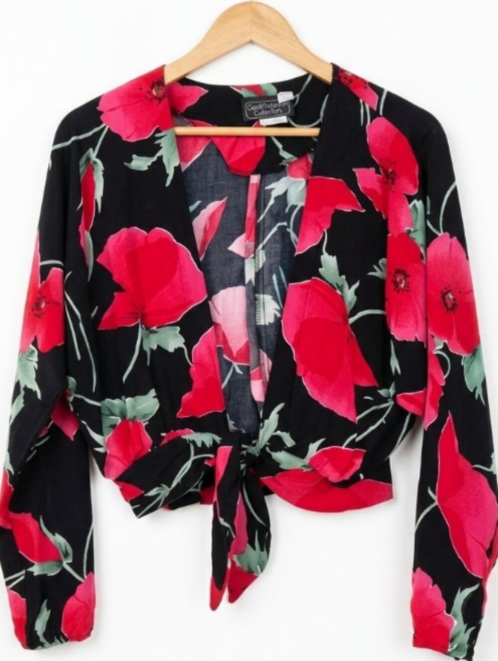 Vintage Floral Tie-Front Crop Blouse - Black with Red Poppy Print